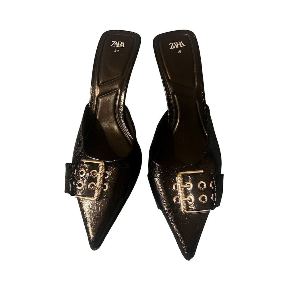 Zara Women's Black Buckle Heeled Mules Size 8.5 Party Stiletto Shoes